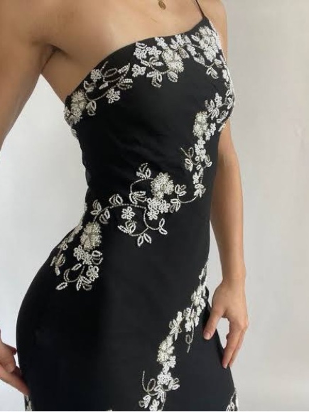 SCALA Vintage Silk Black One-Shoulder Slip Maxi Dress Beaded White Floral Y2K S